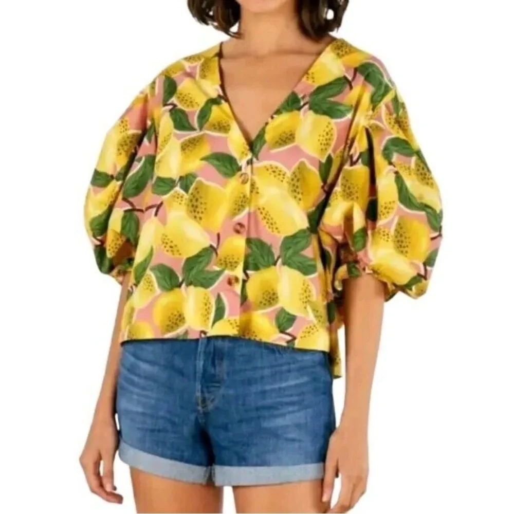 Farm Rio Fresh Lemons Puff Sleeve Shirt Sz Small - Picture 5 of 6